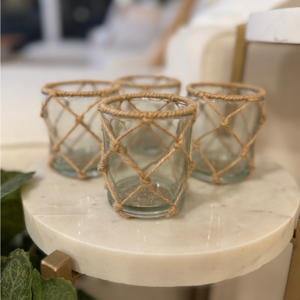 Set or 4 - Rustic Glass Candle Holders with Jute Netting - Picture 3 of 4